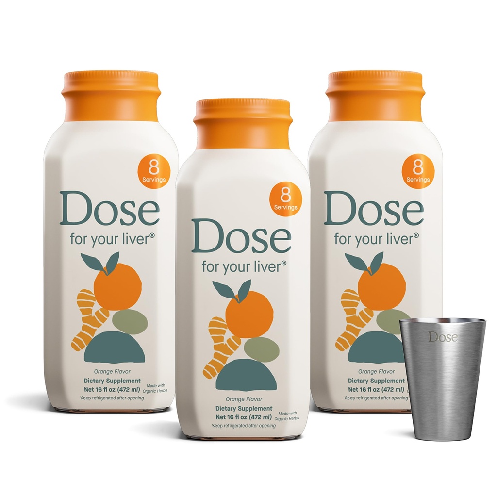 DOSE pour votre nettoyage du foie Détox & réparation, fait avec supplément de chardon de lait biologique avec curcuma, dandelion, gingembre, et orange, soutient la fonction saine du foie, bouteille 16oz, 3 pack (3 semaines d'approvisionnement)