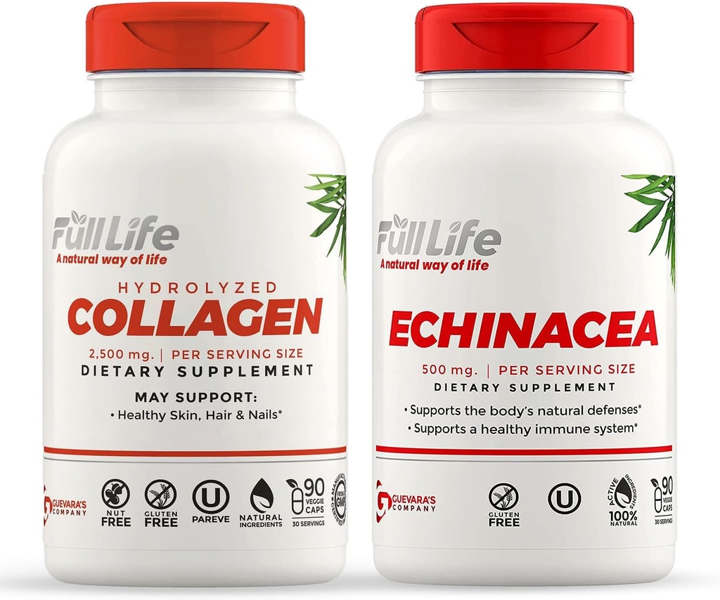 Full Life Hydrolyzed Collagen and Echinacea Capsules - Dietary Supplements - Bovine Collagen Pills for Women and Men - Echinacea Purpurea Extract, Gluten-Free - 90 Veggie Capsules Each