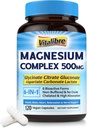 Complexe de magnésium 500mg, 6 en 1 Glycinat de magnésium chélaté, Citrate, Aspartate, Gluconate, Carbonate et Lactate, Supplément d'absorption max pour le sommeil et le calme, 120 bouchons végétaliens, sans oxyde de magnésium