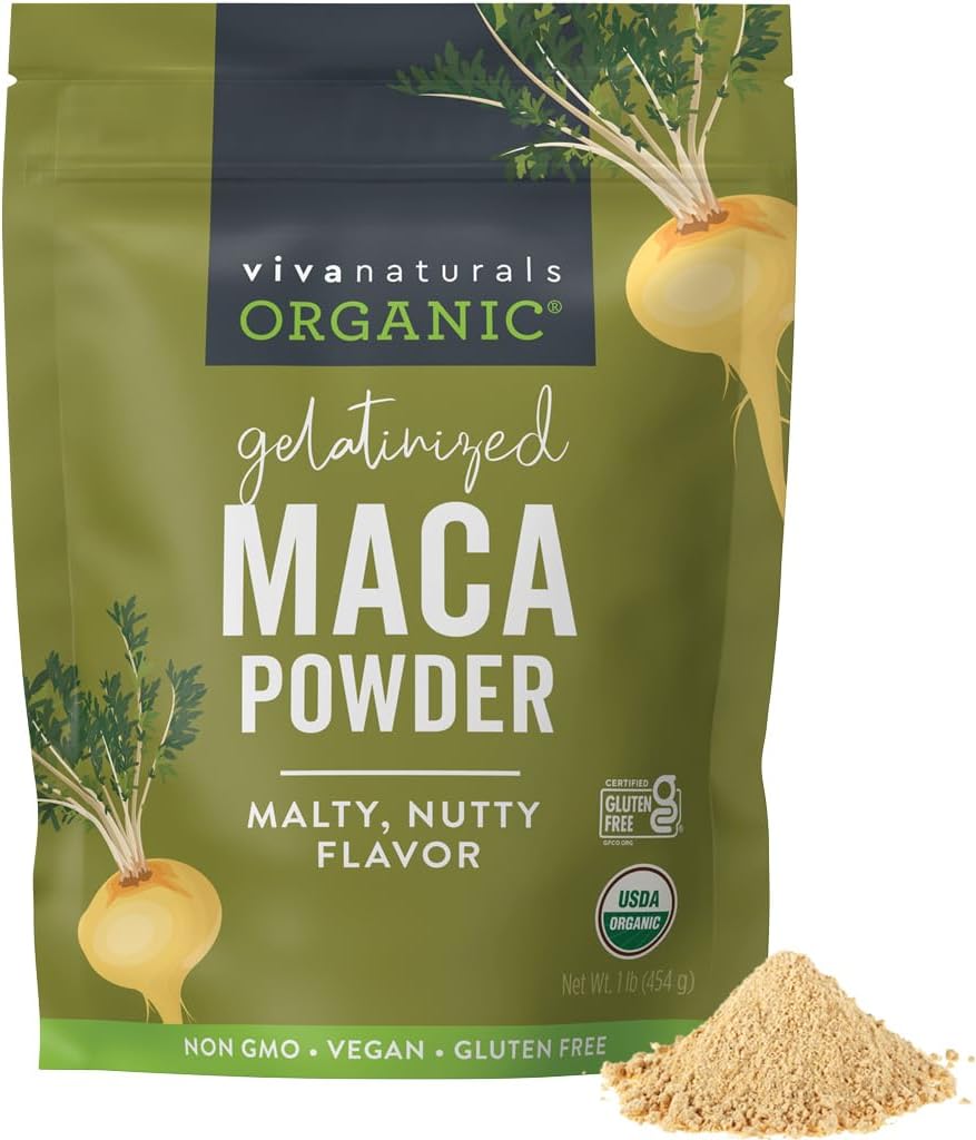 Viva Naturals en poudre de maca biologique, gélatinisée, 16 oz (1 lb) – Vegan, USDA biologique, sans gluten, non-OGM péruvien Superfood dans un sac refermable