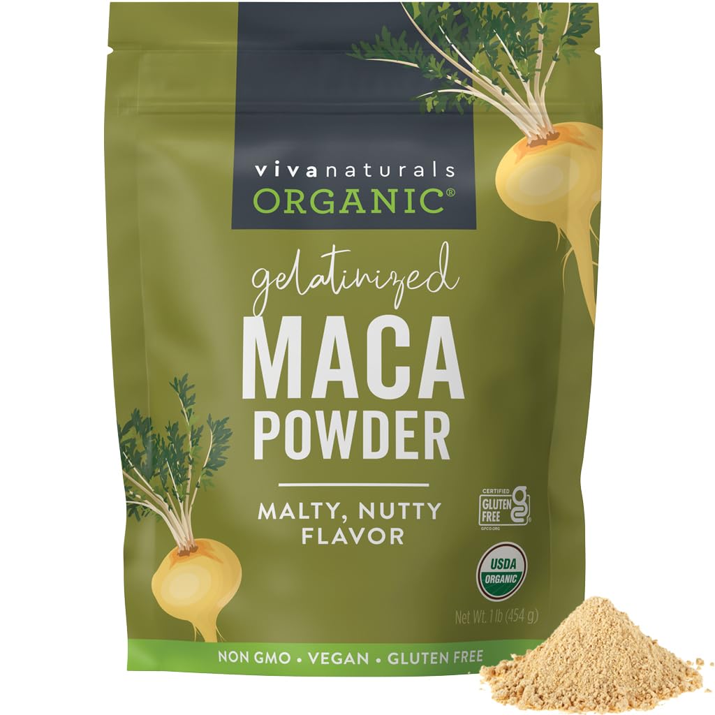 Viva Naturals en poudre de maca biologique, gélatinisée, 16 oz (1 lb) – Vegan, USDA biologique, sans gluten, non-OGM péruvien Superfood dans un sac refermable