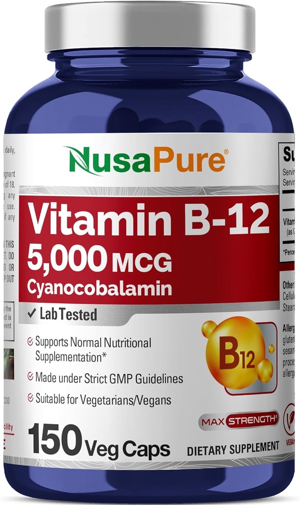 NusaPure Vitamine B12-5000 MCG 150 Capsules de légumes (non-OGM, végétalien) - Vitamine B12