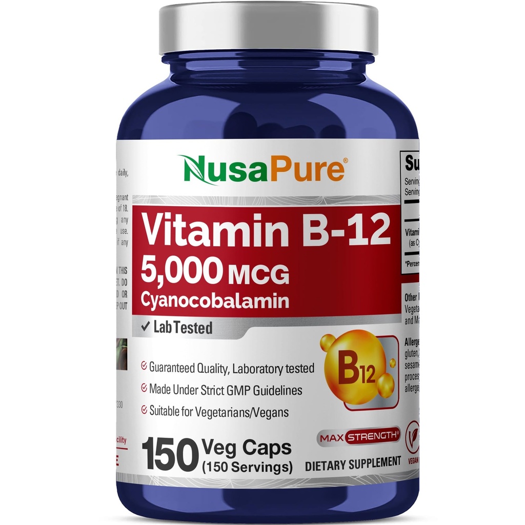 NusaPure Vitamine B12-5000 MCG 150 Capsules de légumes (non-OGM, végétalien) - Vitamine B12