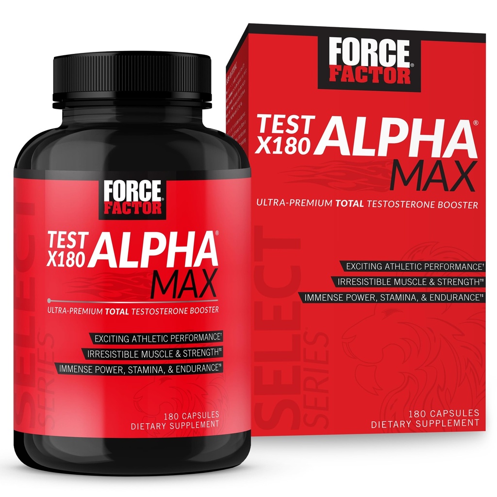 FORCE FACTOR Test X180 Alpha Max Total Testostérone and Nitric Oxide Booster for Men with Fenugreek Seed and Tribulus to Augment Blood Flow and Improve Male Athletic Performance, 180 Capsules