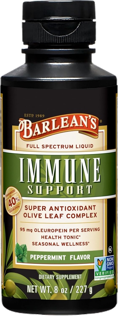 Supplément de soutien immunitaire complexe à la menthe poivrée de Barlean, 95mg Oleuropein Antioxydants, 8 oz