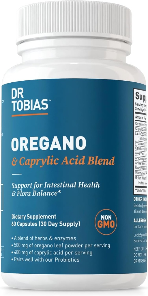 Dr Tobias Oregano et Caprylic Acid Blend, Gut Flora Balance Complex avec des probiotiques et des enzymes pour le soutien intestinal et immunitaire, Gut Health Suppléments pour les femmes et les hommes, 60 Capsules, 30 portions