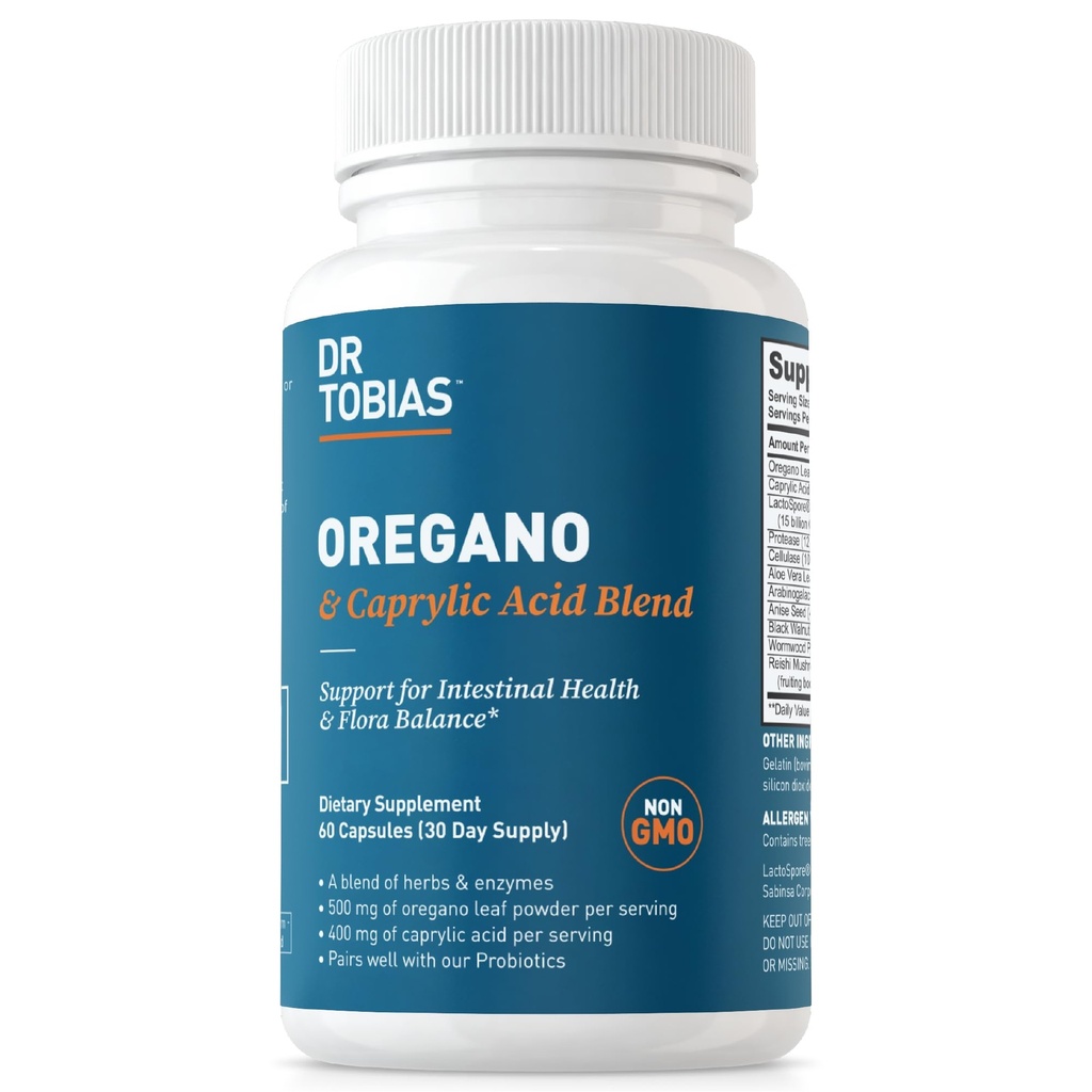 Dr Tobias Oregano et Caprylic Acid Blend, Gut Flora Balance Complex avec des probiotiques et des enzymes pour le soutien intestinal et immunitaire, Gut Health Suppléments pour les femmes et les hommes, 60 Capsules, 30 portions