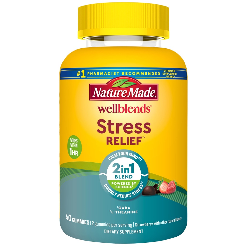 Nature faite Wellblends Stress Relief Gummies, L theanine 200mg pour aider à réduire le stress, avec GABA 100mg, le même jour support de stress, 40 gommies parfum de fraise