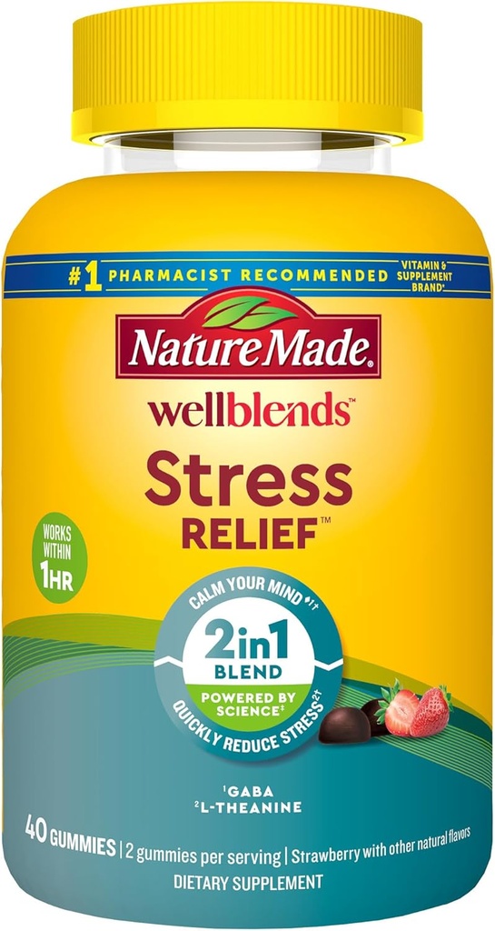 Nature faite Wellblends Stress Relief Gummies, L theanine 200mg pour aider à réduire le stress, avec GABA 100mg, le même jour support de stress, 40 gommies parfum de fraise