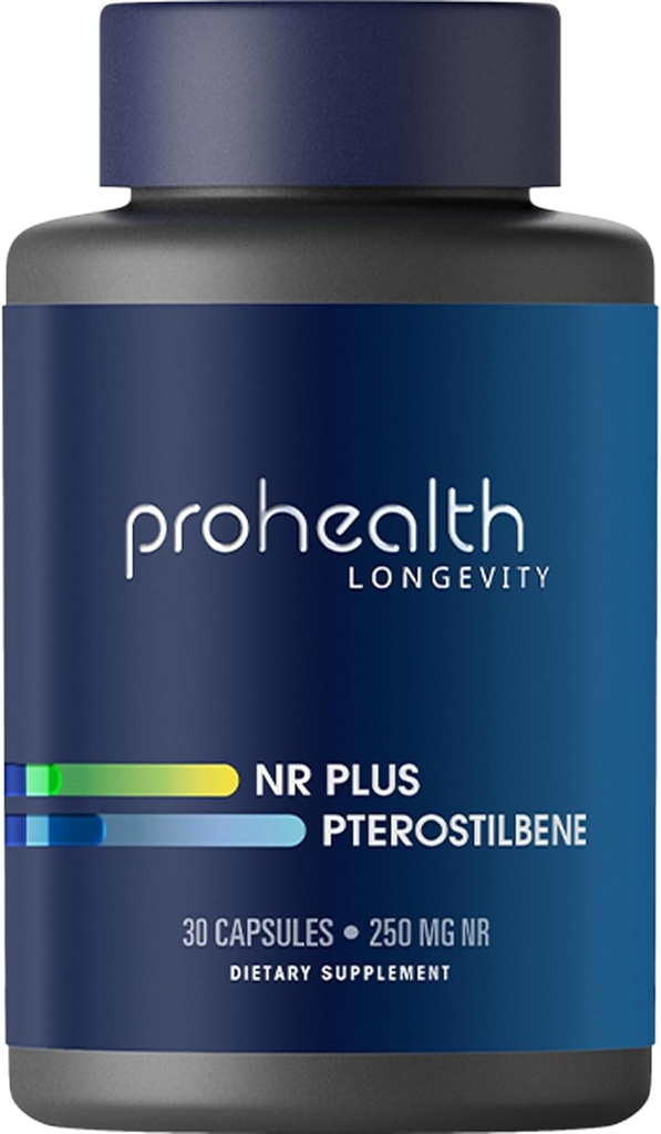 ProHealth NR + Pterostilbène. Promouvoir la longévité, l'énergie et le vieillissement en santé. Protège la santé du coeur et du cerveau. Supports Réparation cellulaire. 250mg Niagen Nicotinamide Riboside + 40mg Pterostilbene, 30 capsules