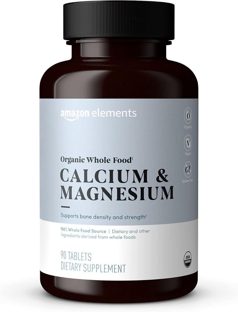Amazon Elements - Organic Whole Food Calcium & Magnesium, Vegan, Gluten Free, 90 tablets
