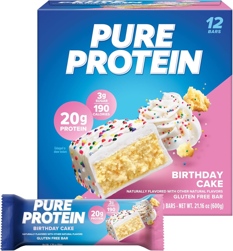 Barres de protéines pures, haute protéine, collations nutritives pour soutenir l'énergie, faible sucre, sans gluten, gâteau d'anniversaire, 1,76 oz, paquet de 12 (emballage mai Vary)
