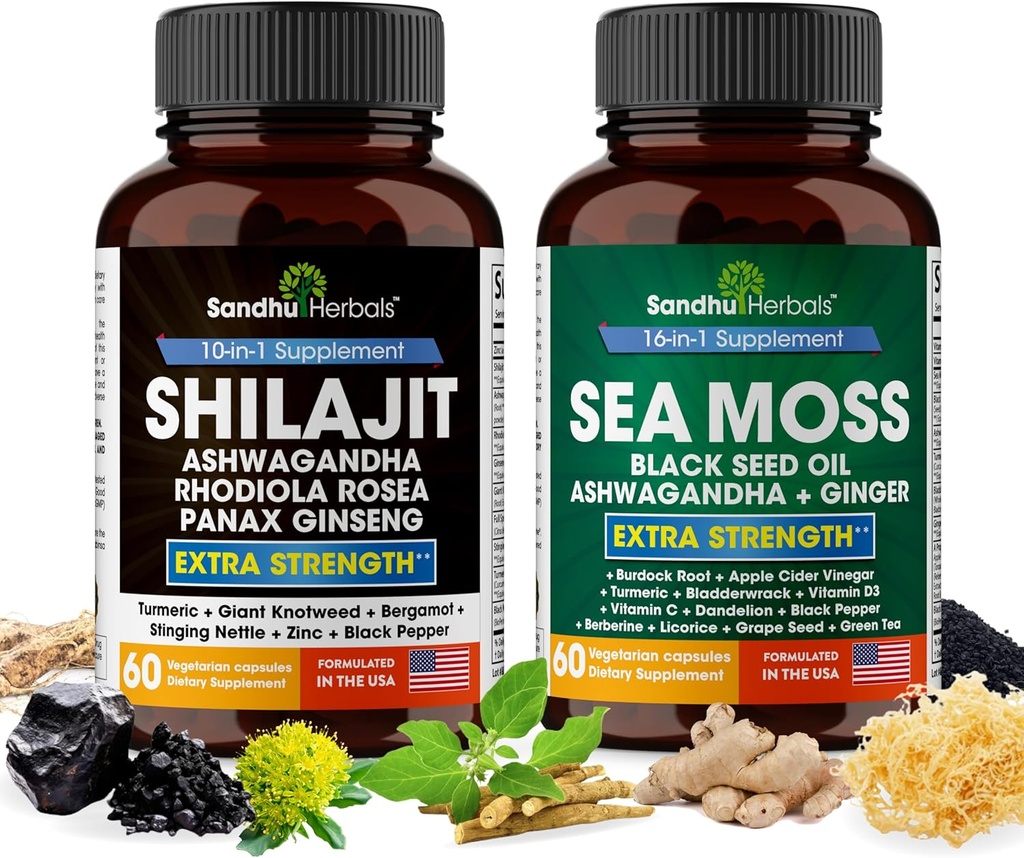 SANDHUHERBALS Sandhu Herbals Bundle - Moss, Shilajit, Huile de graines noires, Ashwagandha, Ginger, Rhodiola Rosea, Panax Ginseng, Sting Nettle