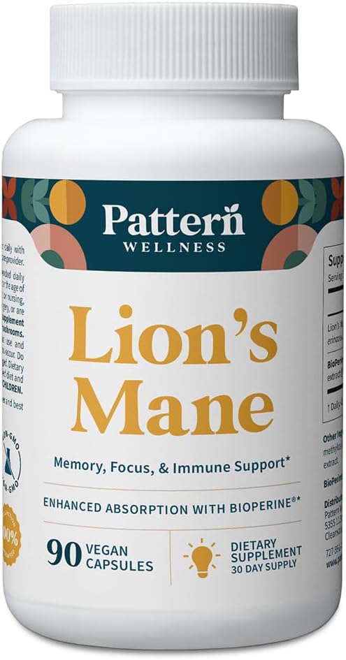 Motif Bien-être Lion de Mane Champignon – Capsules supplémentaires pour le soutien cognitif et focus – Absorption accrue – 90 Capsules Vegan