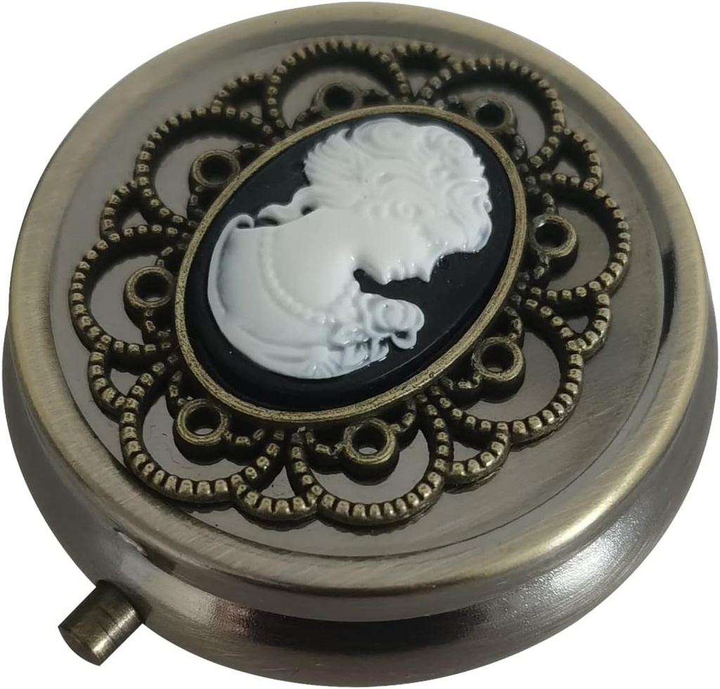 Bronze Pill Organizer, Portable Medicine Box for Pocket or Purse, Decorative Metal Vitamin Holder, Classical Small Pill Container, Unique Creative Gift for Women