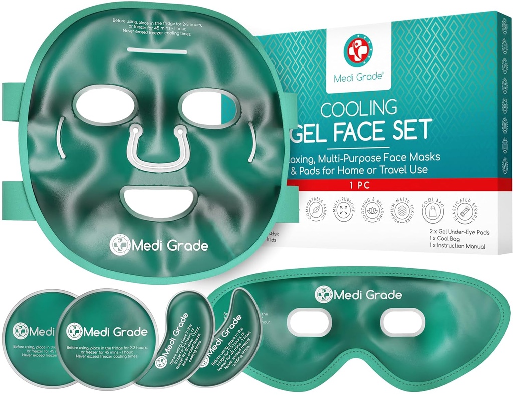 Masque de glace de refroidissement de qualité moyenne et masque de refroidissement des yeux pour les yeux et le soulagement de la migraine - Self Care Face Ice Pack avec ChillGel Face Ice Masque Technologie - Masque de visage de refroidissement, Eye Pads and Bag