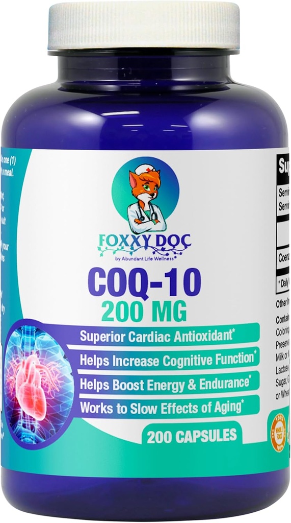 CoQ10 - Co-enzyme Q10-200 mg - Absorption élevée - 400 mg par 2 capsules - Non-OGM - Sans gluten - 200 gélules - Soutien cardiaque et cellulaire - Fabriqué aux États-Unis par Foxxy Doc