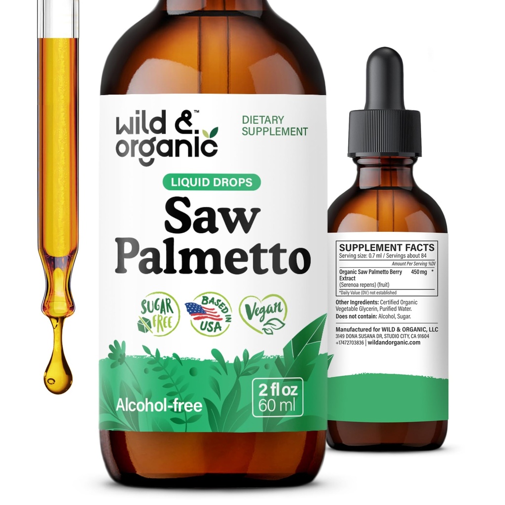 Sciages sauvages et biologiques Extract Palmetto gouttes - Soutien urinaire - Sciage Palmetto pour les hommes et les femmes - Liquid Serenoa Repens Berries Supplément - Vegan, sucre et sans alcool - 2 fl oz