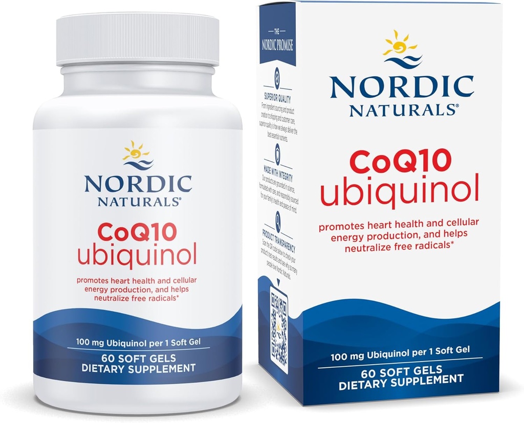 Nordic Naturals Nordic CoQ10 Ubiquinol - 60 Mini Gels Soft - 100 mg Coenzyme Q10 (CoQ10) Ubiquinol - Santé du coeur et du cerveau, Production d'énergie cellulaire, Soutien antioxydant - Non-OGM - 60 portions