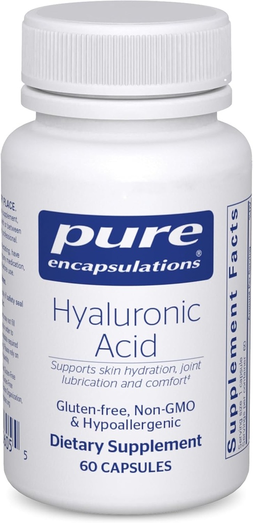 Encapsulations pures Acide hyaluronique - pour l'hydratation de la peau, la lubrification articulaire et la santé articulaire* - Absorption efficace - Sans gluten - Vegan & Non-OGM - 60 capsules