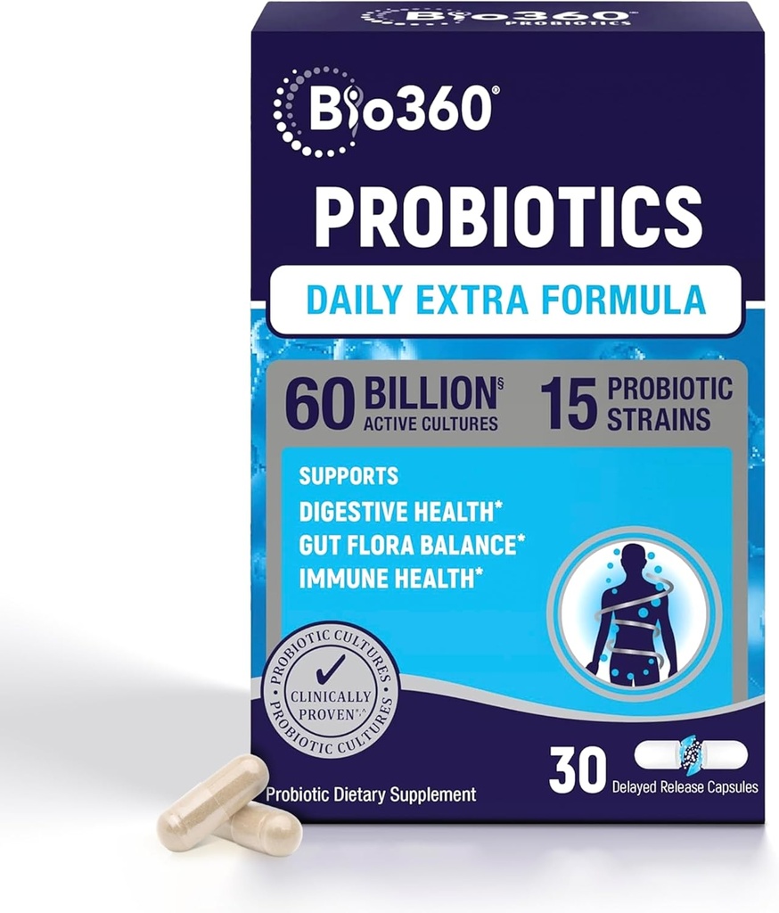 Probiotique supplémentaire de force pour la santé digestive et le soutien immunitaire, 60 milliards CFU et 15 souches, probiotiques de santé Gut pour les hommes et les femmes soutient la constipation occasionnelle, la diarrhée, le gaz et le ballonnement, 30CT