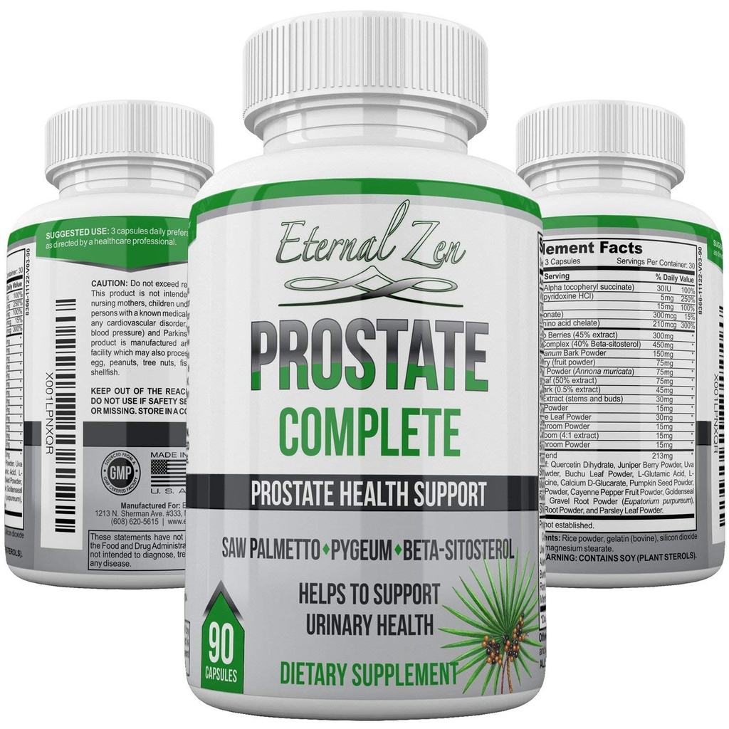Prostate Complete Herbal Health Support Suppléments for Men, Saw Palmetto Sting Nettle Pygeum Beta-sitosterol Reishi Shiitake, 90 Capsule de comte