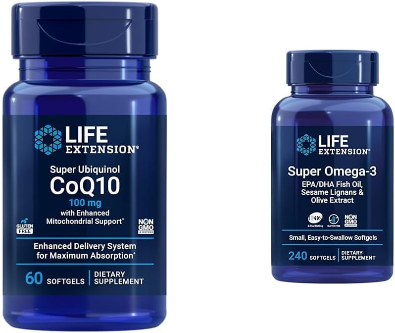 Extension de vie Super Ubiquinol CoQ10 avec support Mitochondrial amélioré, ubiquinol CoQ10 & Super Omega-3 EPA/DHA huile de poisson, sésame lignans et extrait d'olive - supplément Omega 3