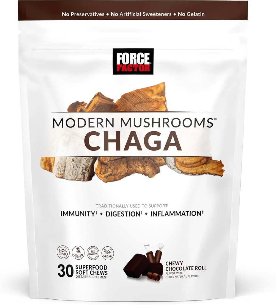 FACTEUR DE FORCE Champignons modernes Mâchettes molles, Supplément de champignons Chaga pour soutenir l'immunité, la digestion et la santé des intestins, Supplément antioxydants, Délicieuse farine de chocolat Chewy, 30 bouchées molles