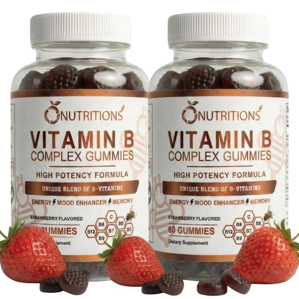 O NUTRITIONS Gommes véganes complexes de vitamine B avec la vitamine B12, B7 comme biotine, B6, B3 comme niacine, B5, B6, B8, B9 comme folate pour le stress, l'énergie et le système immunitaire sain (2 paquets)