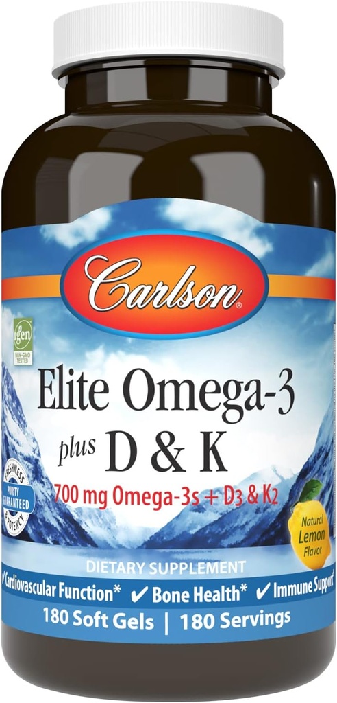 Carlson - Elite Omega-3 Plus D & K, 700 mg Omega-3s + D3 & K2, Fonction, Bone Health & Immune Support, Citron, 180 Softgels