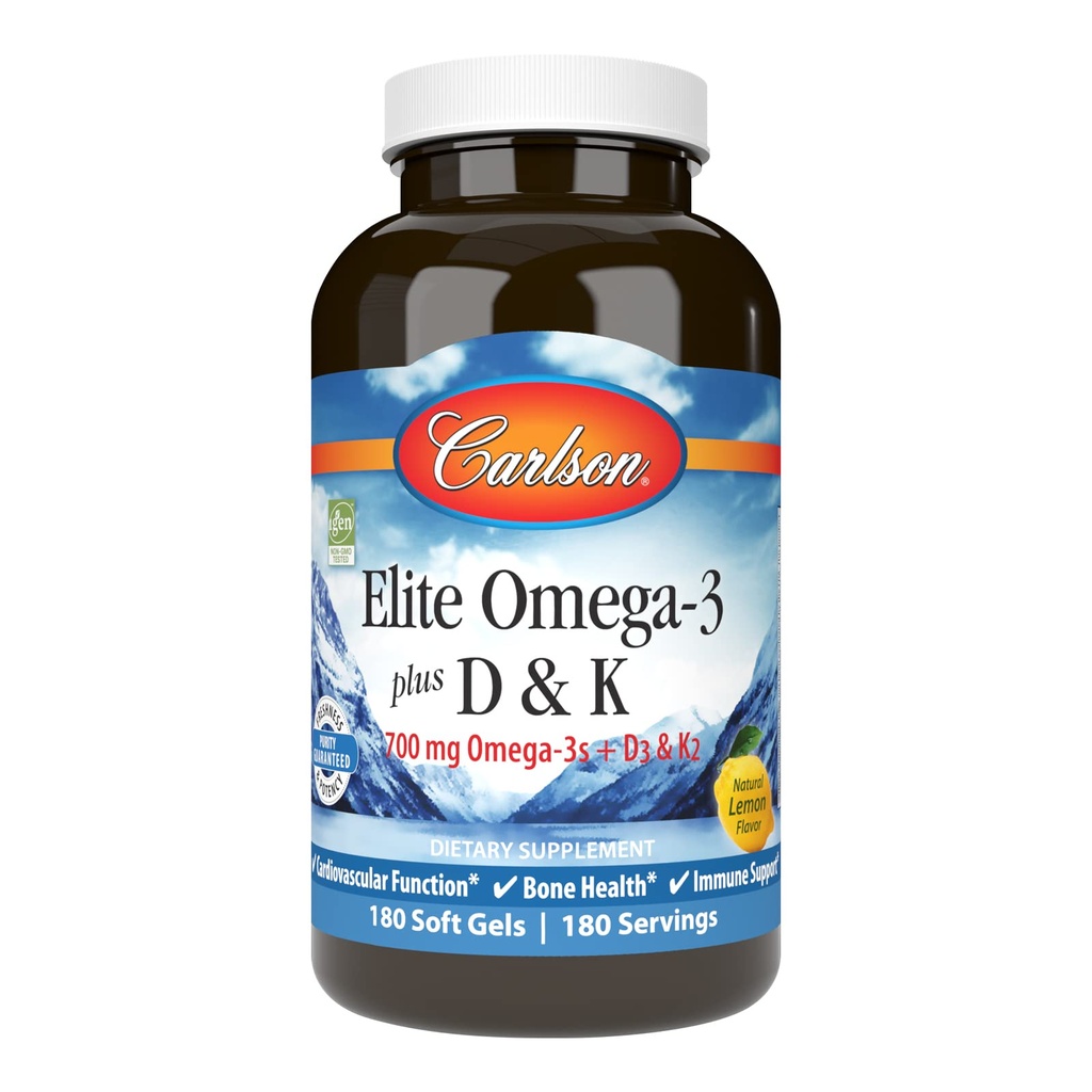Carlson - Elite Omega-3 Plus D & K, 700 mg Omega-3s + D3 & K2, Fonction, Bone Health & Immune Support, Citron, 180 Softgels