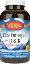 Carlson - Elite Omega-3 Plus D & K, 700 mg Omega-3s + D3 & K2, Fonction, Bone Health & Immune Support, Citron, 180 Softgels