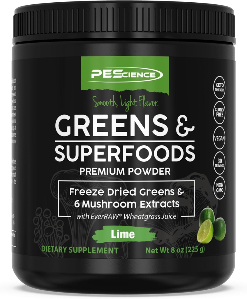 Poudre PEScience Greens Superfood avec Chlorophylle naturelle, Reishi & Turkey Tail Poudres de champignons, Kale séché au gel, Épinards, Sprouts de brocoli, Saveur de Lime, 30 portions