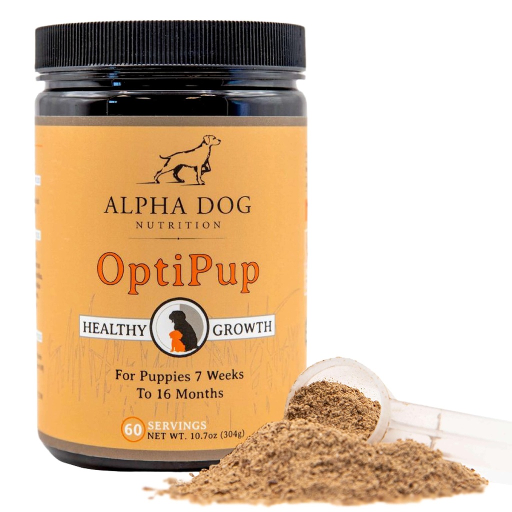 Alpha Dog Nutrition OptiPup All-in-1 Puppy Multivitamin contient 31 superaliments incluant probiotiques et prébiotiques pour le soutien digestif, la santé de la peau et immunitaire, et la croissance optimale (60 portions)