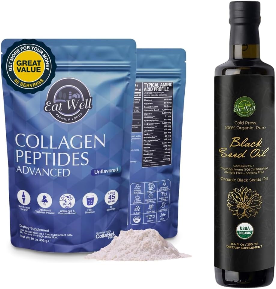 EAT WELL PREMIUM ALIMENTS Collagen Peptides Powder Protein 45 portions, 16oz et USDA huile de graines noires biologique 8,4 FL oz bouteille