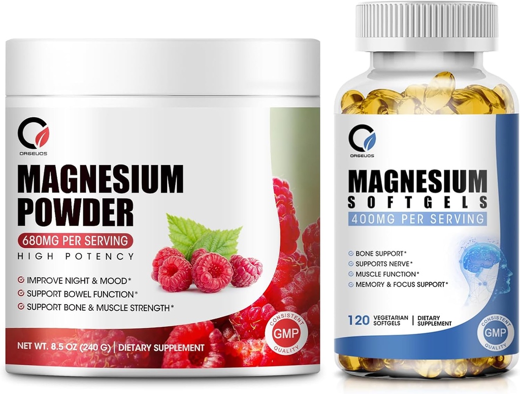 Magnésium Glycinat 400mg Softgels & 680mg Magnésium Glycinat complexe poudre pour calme, nuit et soutien musculaire - végétalien, non OGM