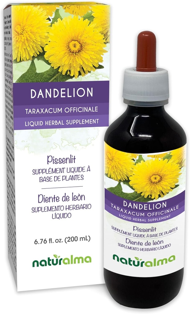 Naturalma Dandelion (Taraxacum officinale) Root and herb Alcohol-Free Tincture - 6.76 fl oz Liquid Extract in Drops - Herbal Supplement - Vegan