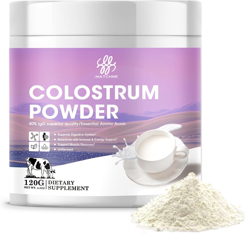 iMATCHME Bovine Poudre de colostrum pour la santé Gut, Immune Support, Récupération musculaire et bien-être, Facile à mélanger Poudre de boeuf herbe, Niveaux sains de fer, Croissance et réparation, Non OGM, 60 portions