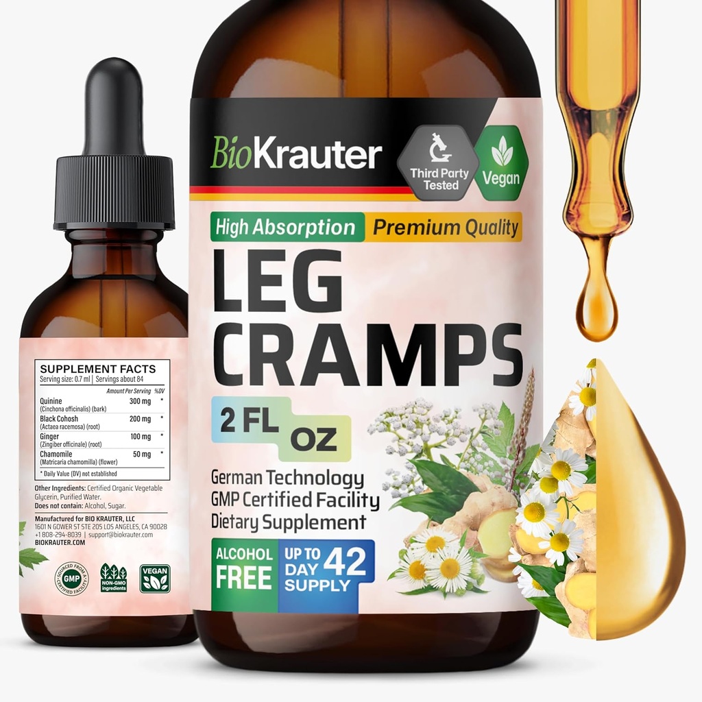 BIO KRAUTER Leg Cramps Tincture with Quinine - Ginger & Chamomile Liquid Extracts for Leg Cramps - Natural Alcohol & Sugar Free Formula - Vegan Drops 2 Fl.Oz.