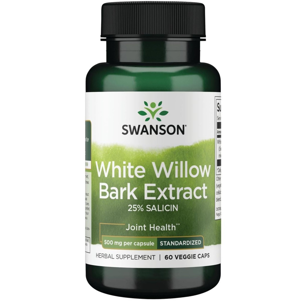 Swanson Maximum Strength White Willow Bark Extract-Promotes Joint Support & Muscle Relief-Standardized to 25% Salicin-Natural Supplement with No Stomach Irritation (60 Veggie Caps, 500mg Chacun)