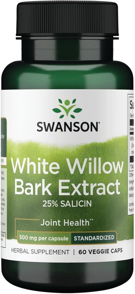 Swanson Maximum Strength White Willow Bark Extract-Promotes Joint Support & Muscle Relief-Standardized to 25% Salicin-Natural Supplement with No Stomach Irritation (60 Veggie Caps, 500mg Each)