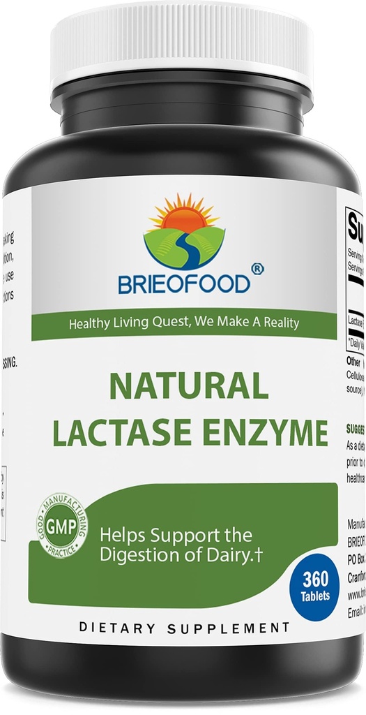 Brieofood Lactase Enzyme Pills - 3000 FCC ALU - 360 comprimés - 360 portions - Non-OGM, sans gluten