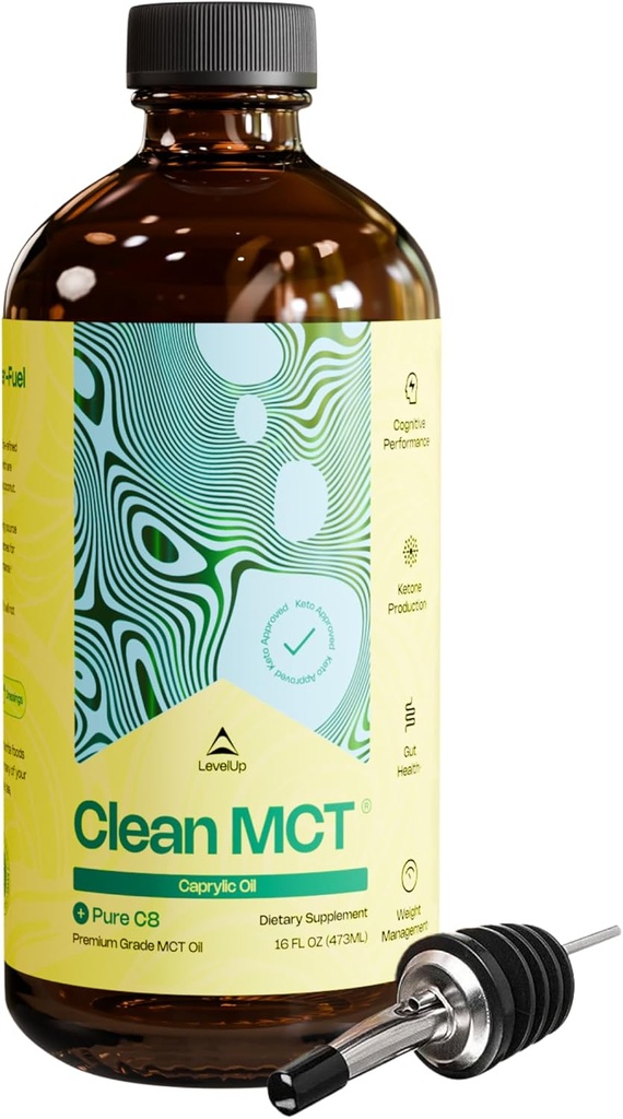 Niveau de nettoyage MCT Huile - 100% Caprylique C8 pour l'énergie, Focus, Gestion du poids, Gut Health, Cerveau Superfuel - Supplément kéto pour café et cétones kétogéniques - Non-OGM (16 oz bouteille de verre)