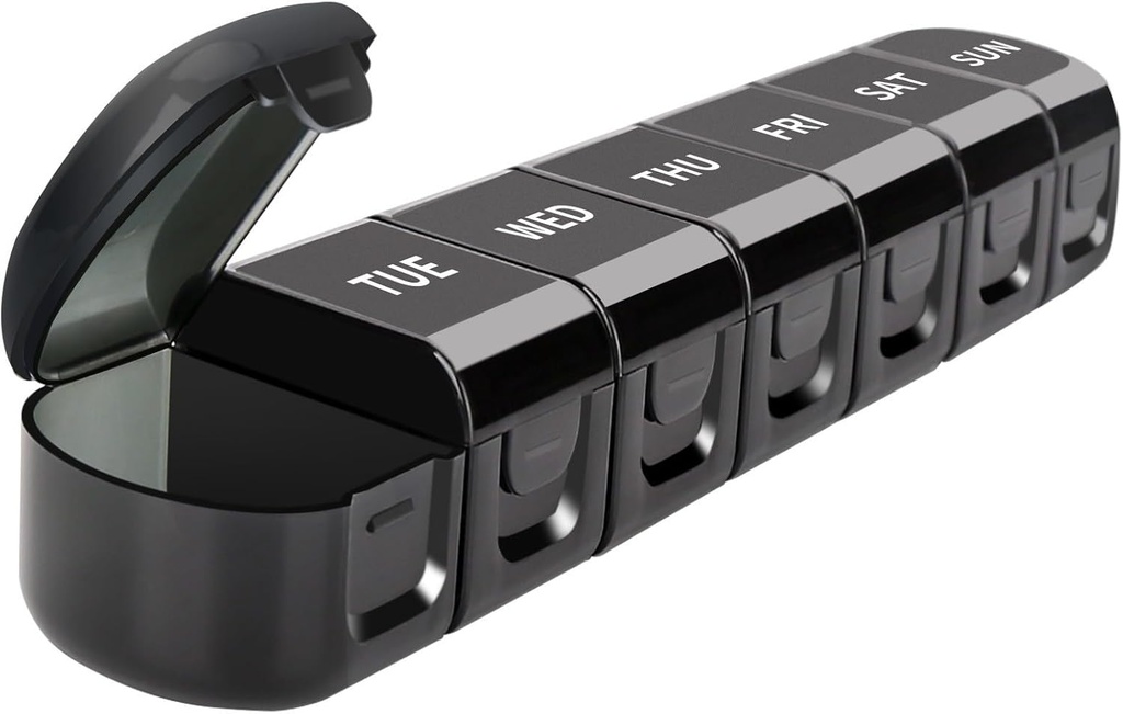 Daily Pill Organizer, 7 Compartiments Détachable Boîte de médecine Conteneur, Noir, Taille de voyage Rappel de planificateur de vitamines, Portable Meds Entreposage Porte 7 jours pour les médicaments, huiles de poisson, suppléments
