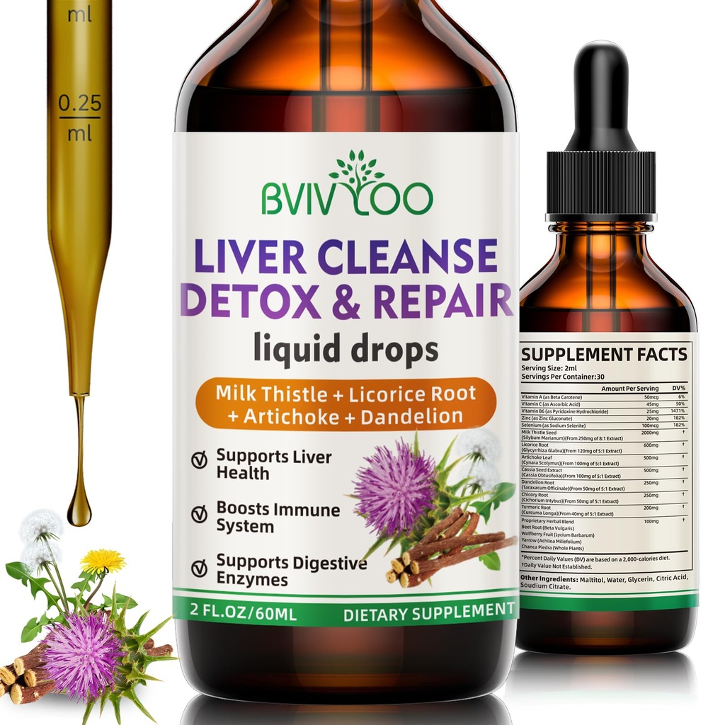 Nettoyer le foie Détox et réparer les gouttes liquides - 2000mg Thistle de lait, racine de dandelion, Artichaut, extrait de silymarin, et les herbes curcuma - végétalien, non-OGM - 2 Fl Oz (60ml) bouteille