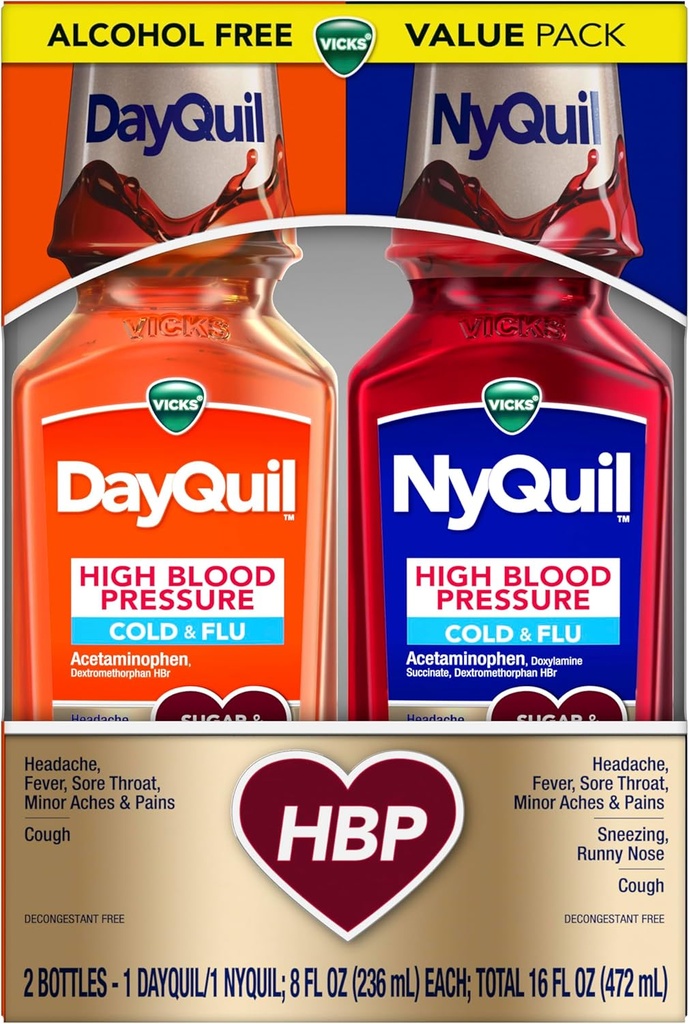 VICKS DayQuil & NyQuil High Blood Pressure Cold & Flu Relief Liquid Medicine Co-pack, puissant multi-symptômes Daytime & Nighttime Relief pour les symptômes du rhume, de la toux et de la grippe, sans sucre et sans alcool, 2x8oz