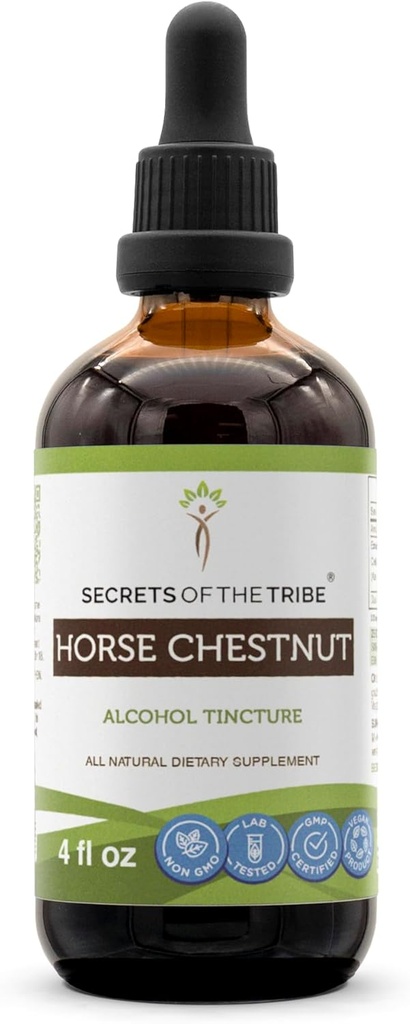 Secrets du Tribe Horse Chestnut Extrait liquide d'alcool, Horse Chestnut (Aesculus hippocastanum) Supplément de teinture d'écrou séché (4 FL OZ)