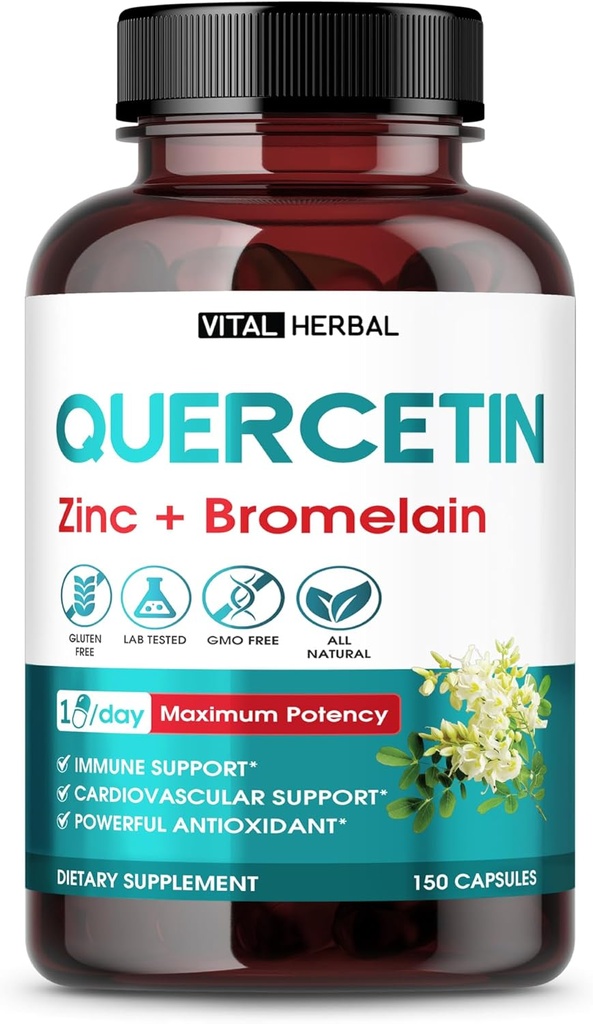 Premium Haute Pureté Quercetin 98% avec Capsules de Bromelain pour une puissance maximale avec Thé Vert Ashwagandha - Soutienne la santé générale Force Énergie - 150 jours