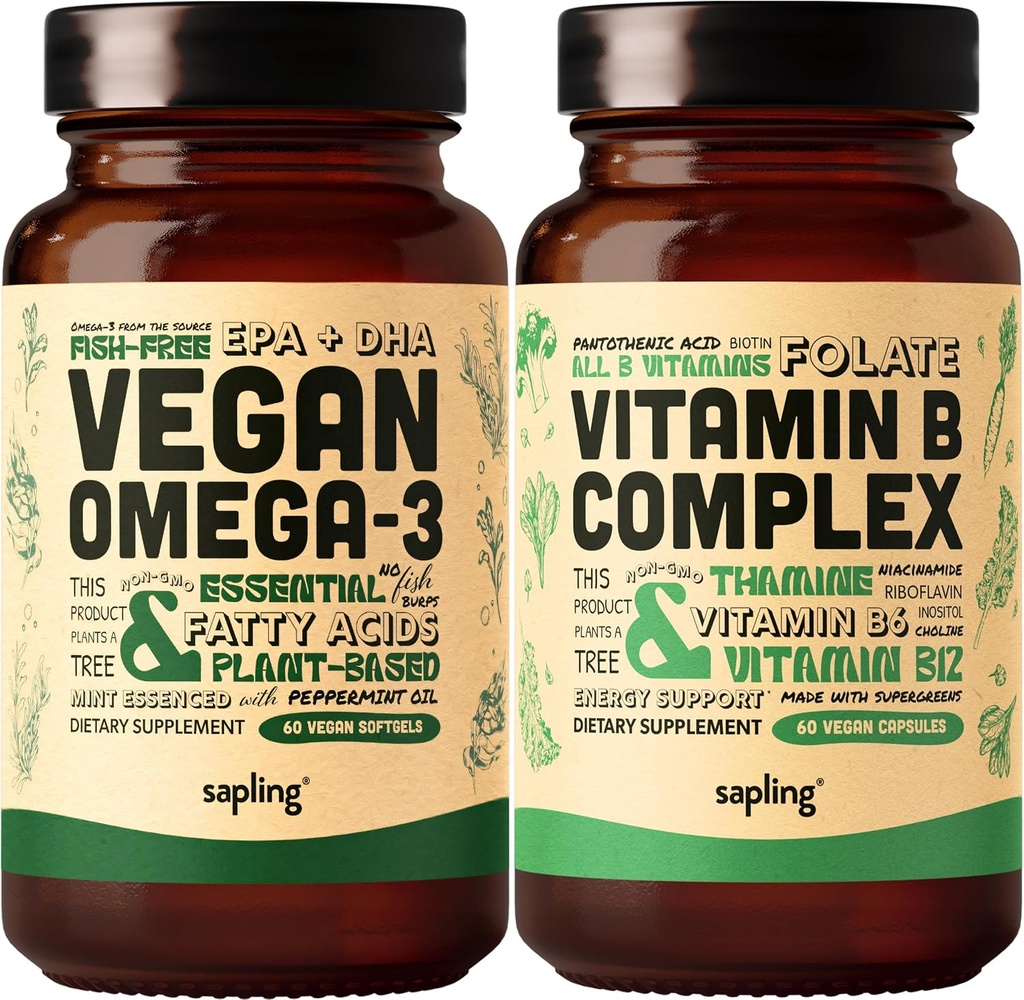 Végétaux Oméga 3 et Vitamine B complexe - Acide gras à base végétale DHA et EPA, Vitamines B essentielles avec mélange alimentaire entier, B1, B2, B3, B5, B6, B7, Folate