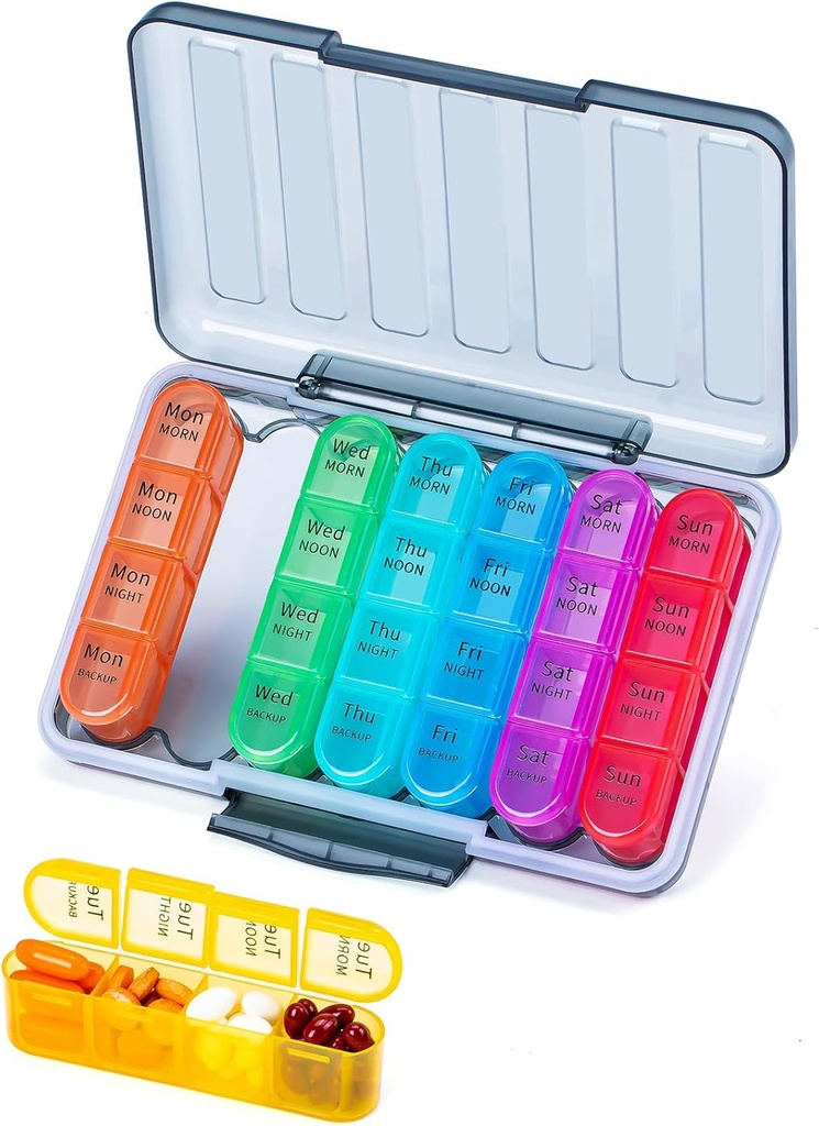 Betife XL Large Capacity 4 Times a Day Pill Organizer, 7 Day 4 Times Weekly Pill Box with 28 Compartments for Medication, Vitamins and Supplements